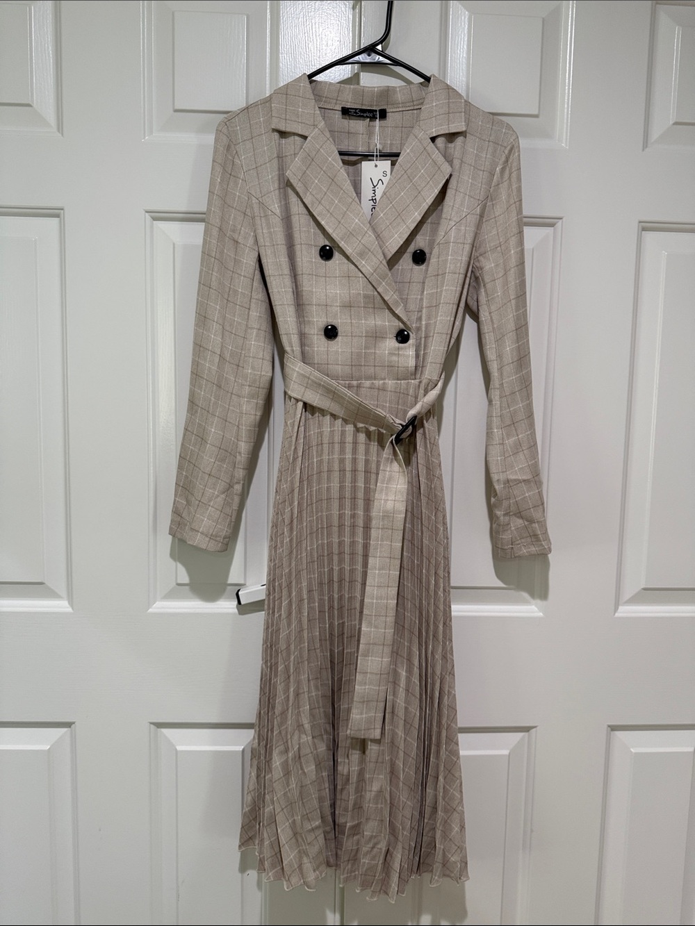 Simplee Apparel Beige Plaid Double-Breasted Midi Dress